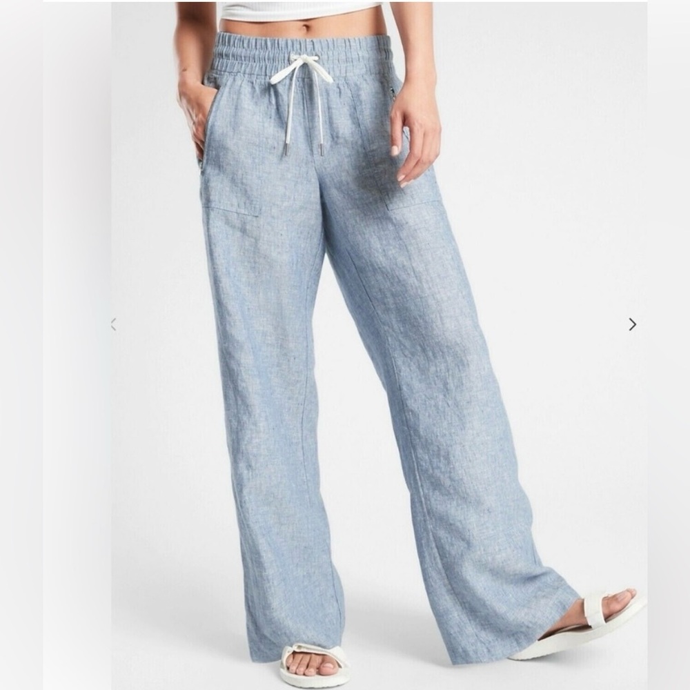 NWOT Athleta Cabo Wide Leg Linen Pants sz 14 petite in Chambray blue color